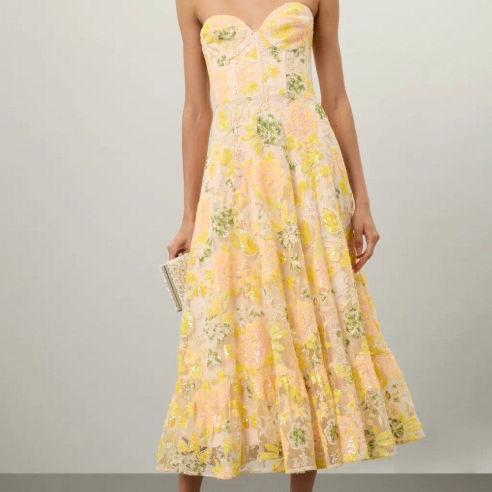 Dress the Population Yellow Pink Floral Strapless Midi Dress